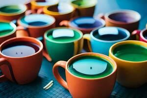 many colorful cups of tea sit on a table. AI-Generated photo