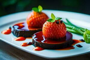 two strawberries are sitting on a plate with sauce. AI-Generated photo