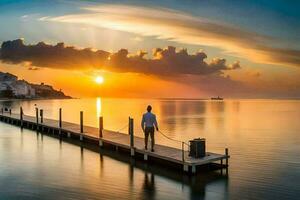 un hombre en pie en un muelle a puesta de sol. generado por ai foto