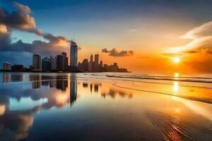 the sun sets over the city skyline in dubai. AI-Generated photo