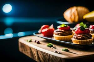 a wooden table topped with mini desserts. AI-Generated photo