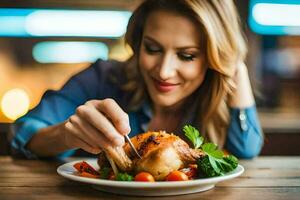 a woman is eating a chicken on a plate. AI-Generated photo