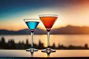 two cocktails on a table with a sunset in the background. AI-Generated photo