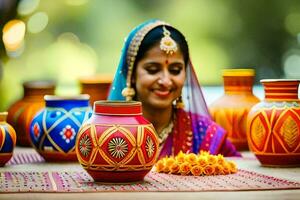 un mujer en tradicional indio vestir es sonriente a el cámara. generado por ai foto
