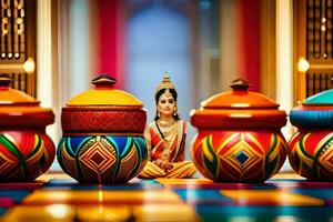 a woman sitting in front of colorful pots. AI-Generated photo