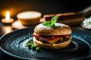 a hamburger with cheese and tomato on a black plate. AI-Generated photo