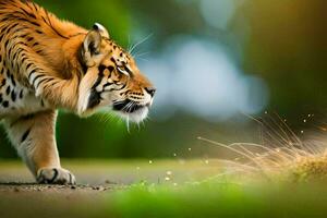 a tiger walking on the grass in the wild. AI-Generated photo