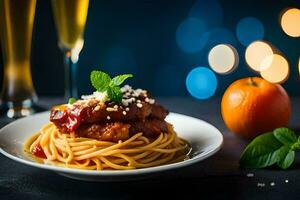 spaghetti with meat sauce and orange on a plate. AI-Generated photo