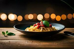 a plate of spaghetti with tomato sauce and basil leaves on a wooden table. AI-Generated photo