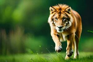 a lion running through the grass. AI-Generated photo