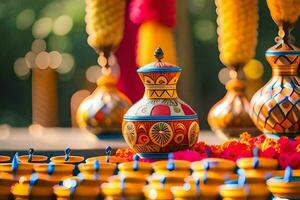 colorful vases and candles are displayed on a table. AI-Generated photo