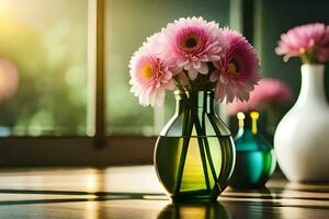 pink flowers in vases on a table. AI-Generated photo