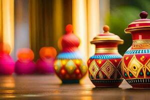 colorful vases on a wooden table. AI-Generated photo