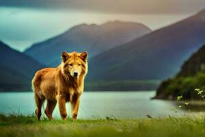 a dog standing in front of a lake and mountains. AI-Generated photo