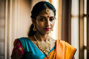 a beautiful indian woman wearing a colorful sari. AI-Generated photo