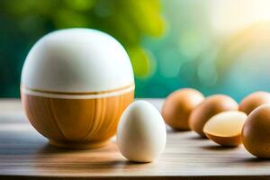 eggs and an egg yolk on a table. AI-Generated photo