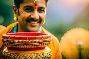 a man in an indian outfit smiles while holding a pot. AI-Generated photo
