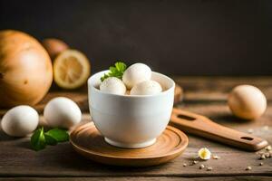 eggs in a cup on a wooden table. AI-Generated photo