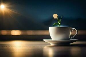 a cup of coffee with a plant growing out of it. AI-Generated photo