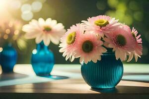 flowers in a blue vase on a table. AI-Generated photo