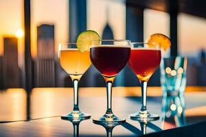 three glasses of different drinks on a table with a city skyline in the background. AI-Generated photo