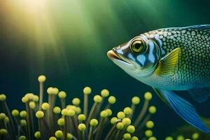 un pescado en el Oceano con algunos coral. generado por ai foto