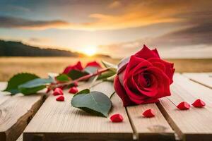 red roses on a wooden table with a sunset in the background. AI-Generated photo