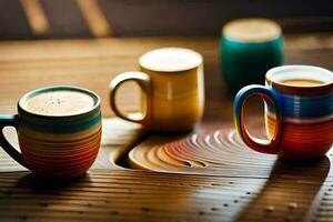 three colorful coffee cups sit on a wooden table. AI-Generated photo