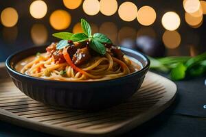 spaghetti with meat and vegetables in a bowl. AI-Generated photo
