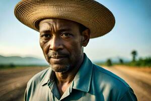 a man wearing a straw hat stands in a field. AI-Generated photo