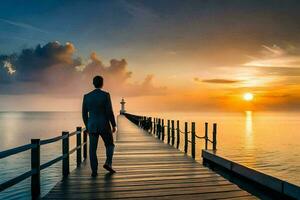 a man in a suit walks along a pier at sunset. AI-Generated photo