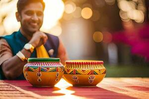 a man sitting at a table with two colorful pots. AI-Generated photo