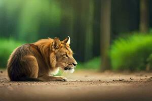 a lion sitting on the ground in the forest. AI-Generated photo