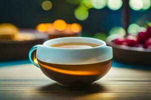 a cup of tea sits on a table with a blurry background. AI-Generated photo