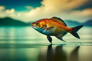 a fish is standing on the water with a sky background. AI-Generated photo