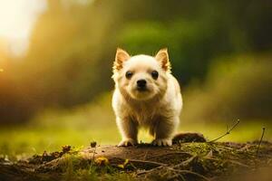 a small dog standing on a log in the grass. AI-Generated photo