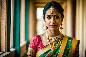un hermosa indio mujer en un tradicional sari. generado por ai foto