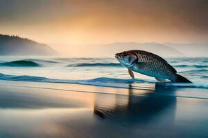 a fish is jumping out of the water at sunset. AI-Generated photo