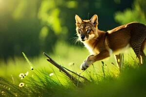 un pequeño marrón gato corriendo mediante un campo. generado por ai foto