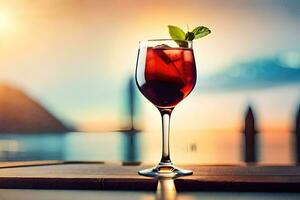 a glass of red wine on a table in front of the ocean. AI-Generated photo