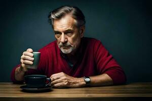 un más viejo hombre sentado a un mesa con un taza de café. generado por ai foto