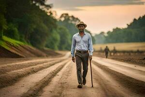 a man walking down a dirt road with a cane. AI-Generated photo