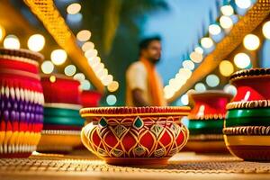 a man is standing in front of colorful pots. AI-Generated photo