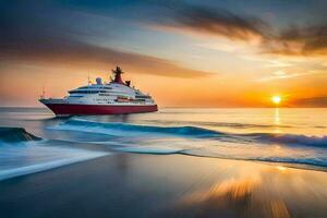 a cruise ship sailing through the ocean at sunset. AI-Generated photo