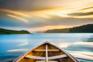 a canoe is floating on the water at sunset. AI-Generated photo