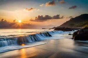 the sun sets over a beach with waves crashing into the shore. AI-Generated photo