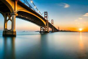 el dorado portón puente a puesta de sol. generado por ai foto