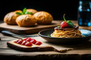 spaghetti with meat and tomato sauce on a wooden table. AI-Generated photo