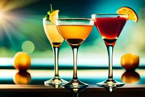 three different types of cocktails on a bar. AI-Generated photo