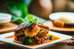 a plate of food with chicken and broccoli. AI-Generated photo